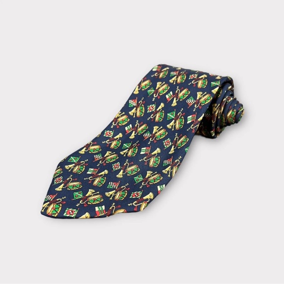 Salvatore Ferragamo Tie Necktie Blue Geometric Drum Trumpet Silk Made In Italy - Picture 2 of 12